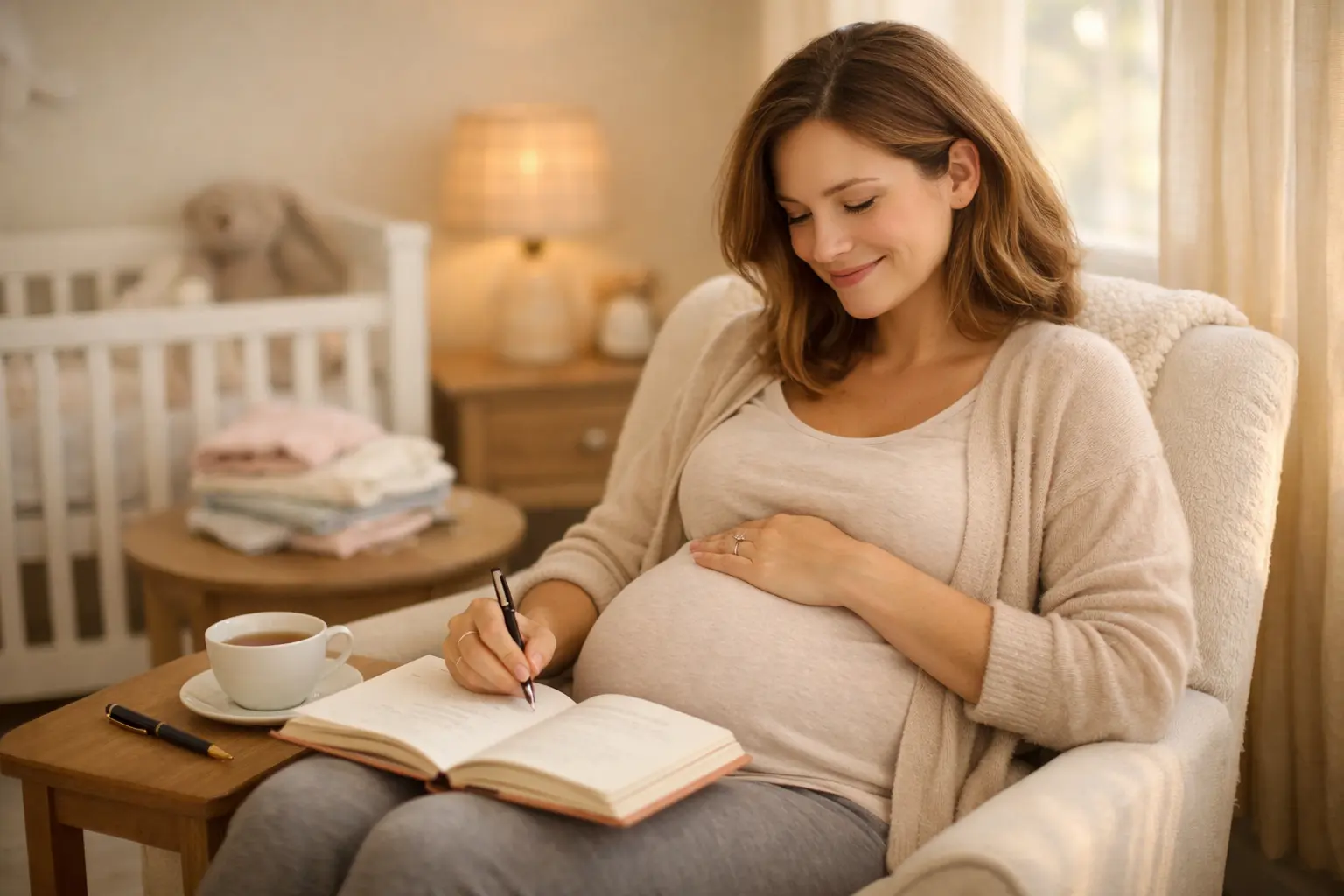 Happy expecting mother holding her pregnancy journal and smiling in a nursery
