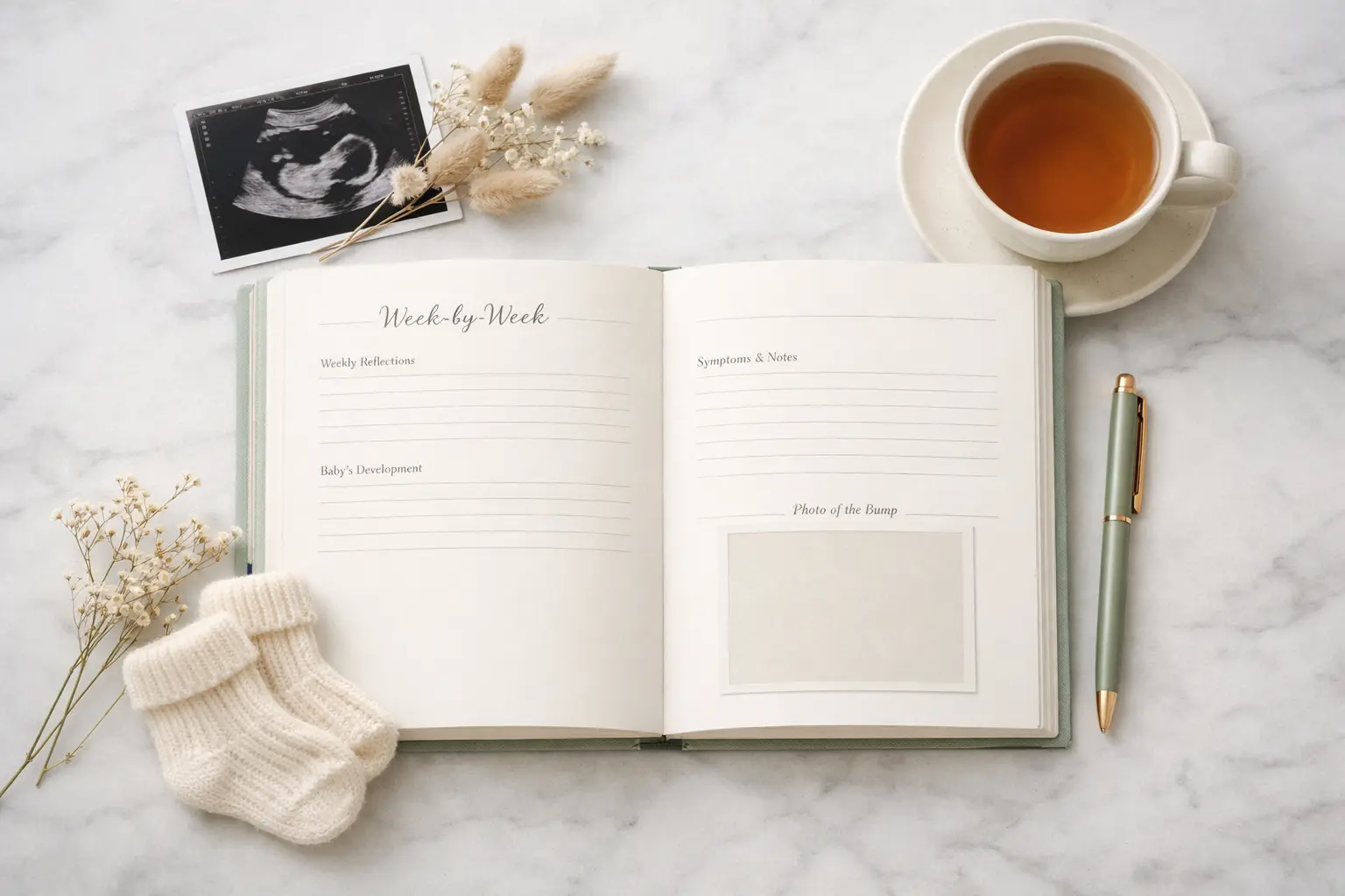 Pregnancy journal pages showing weekly prompts, baby growth tracker, and pregnancy planner checklists