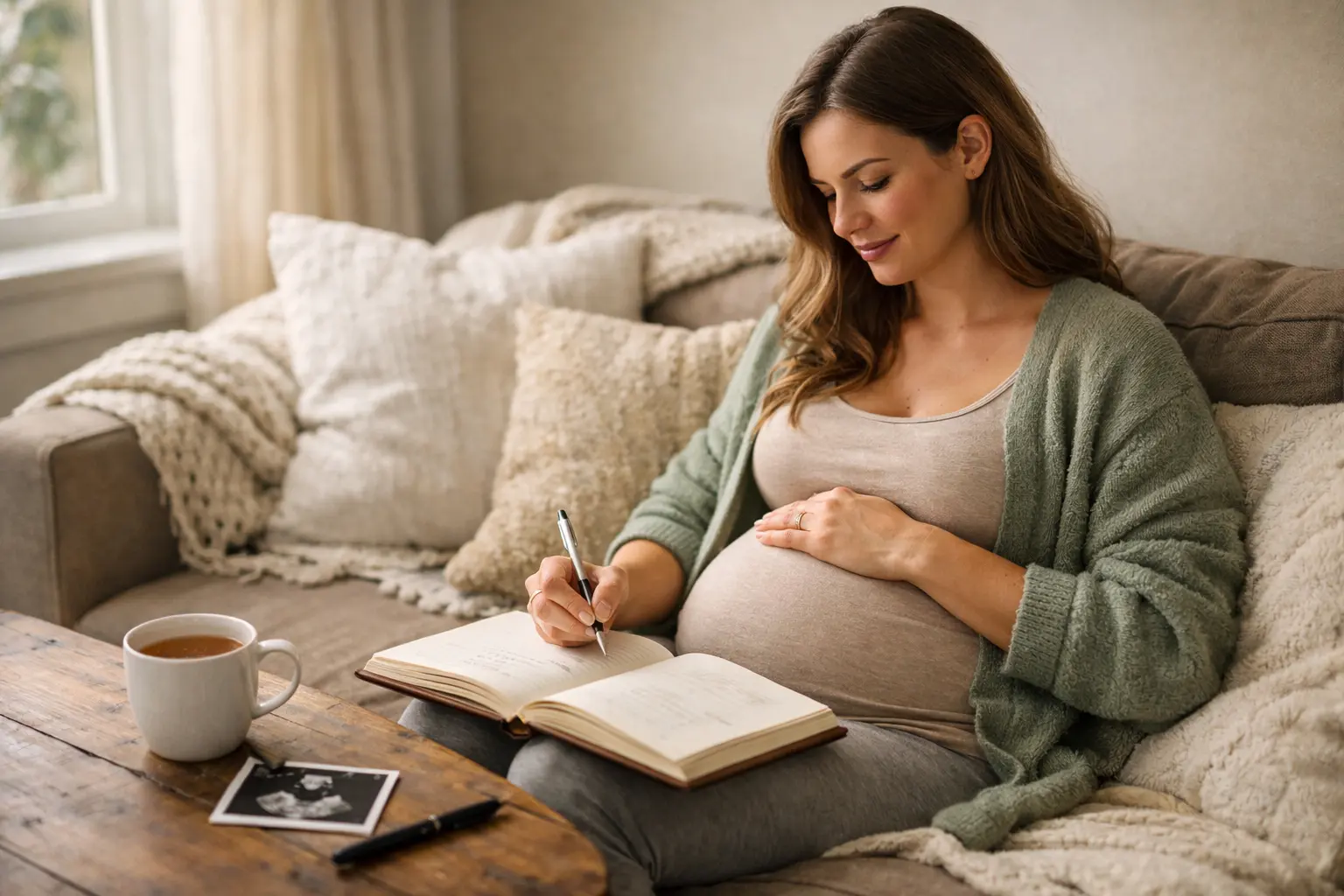 Pregnant woman writing in a pregnancy journal with prompts for what to write in a pregnancy journal