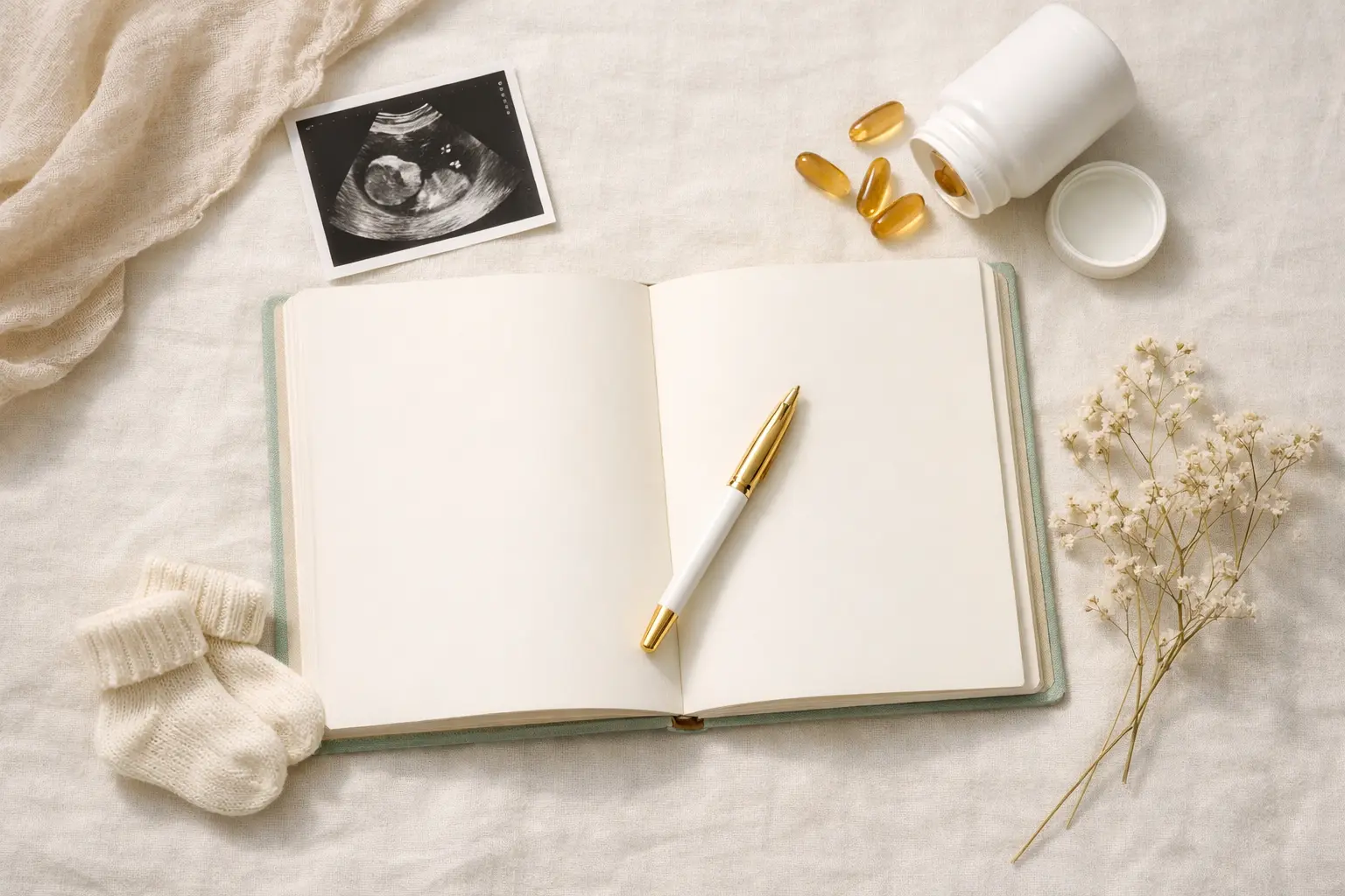 Pregnancy journal ideas and supplies including ultrasound photo and prenatal vitamins