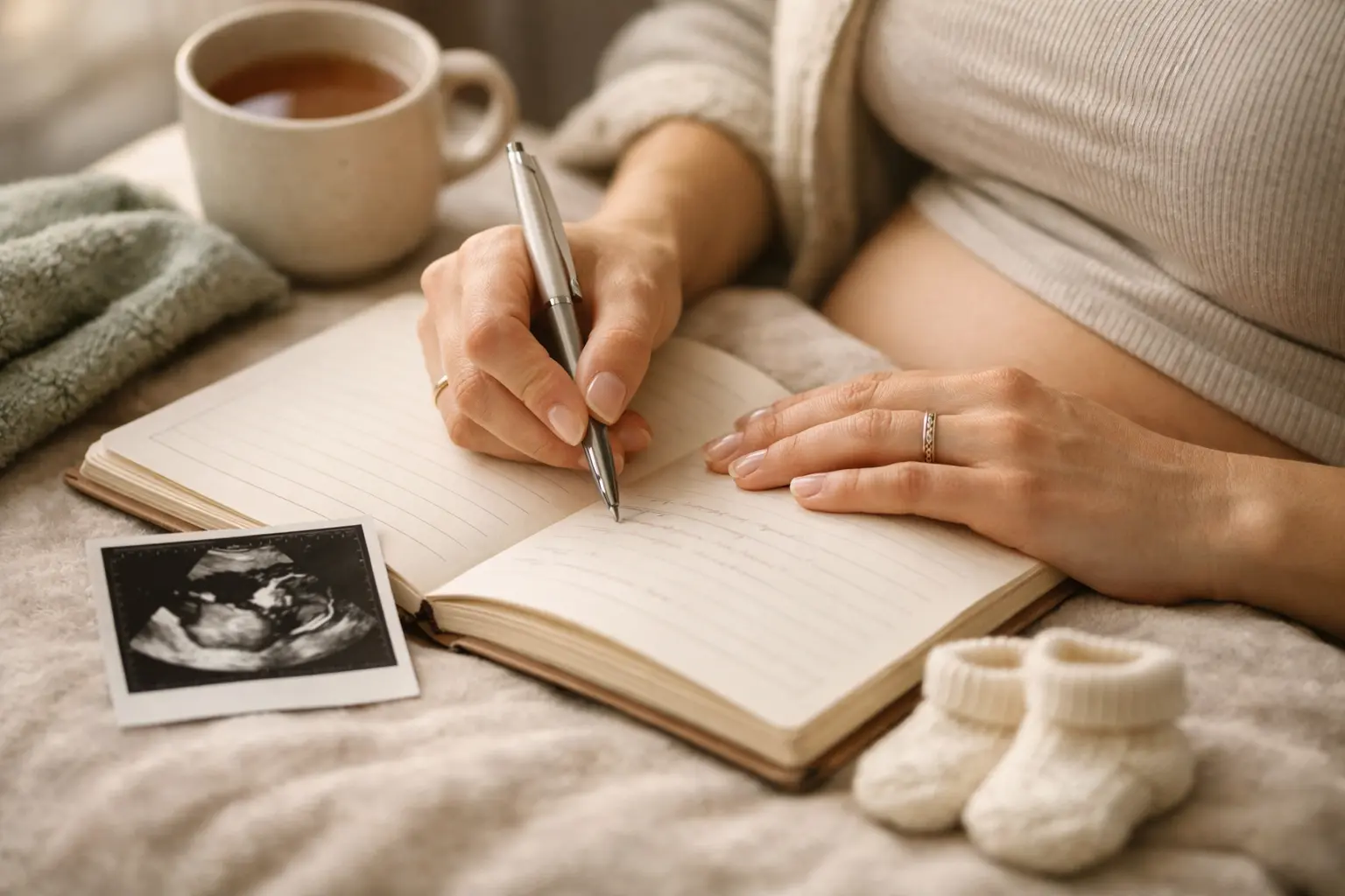 First trimester pregnancy journal entry with ultrasound photo and pregnancy diary prompts
