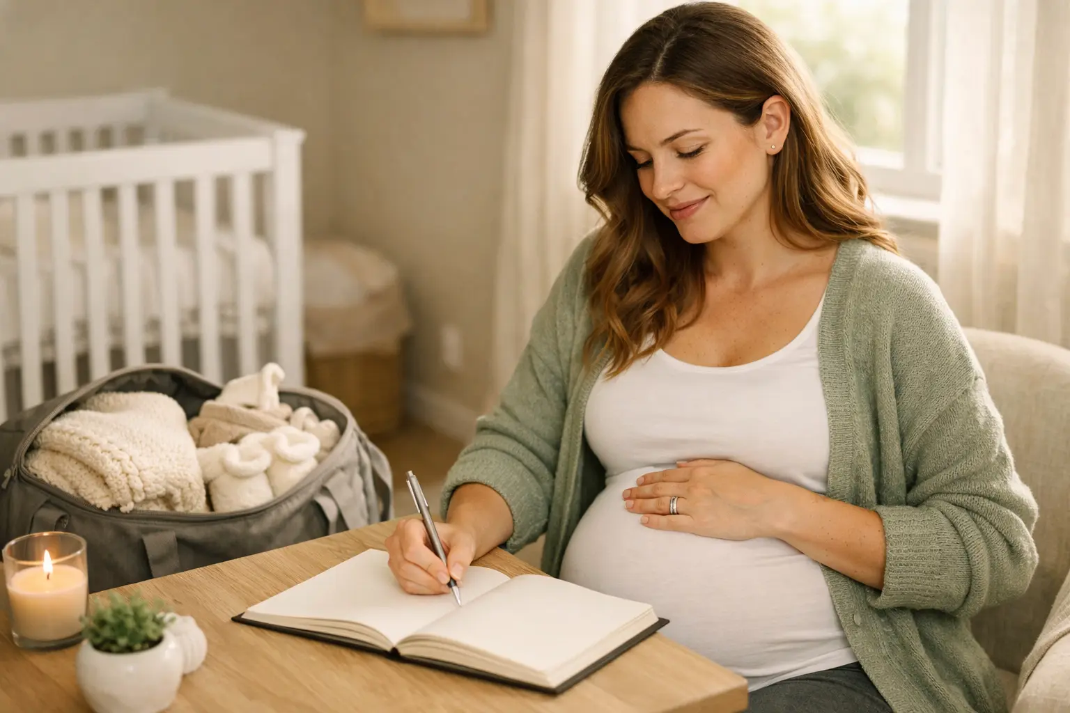 Third trimester pregnancy journal prompts — expecting mother writing near packed hospital bag