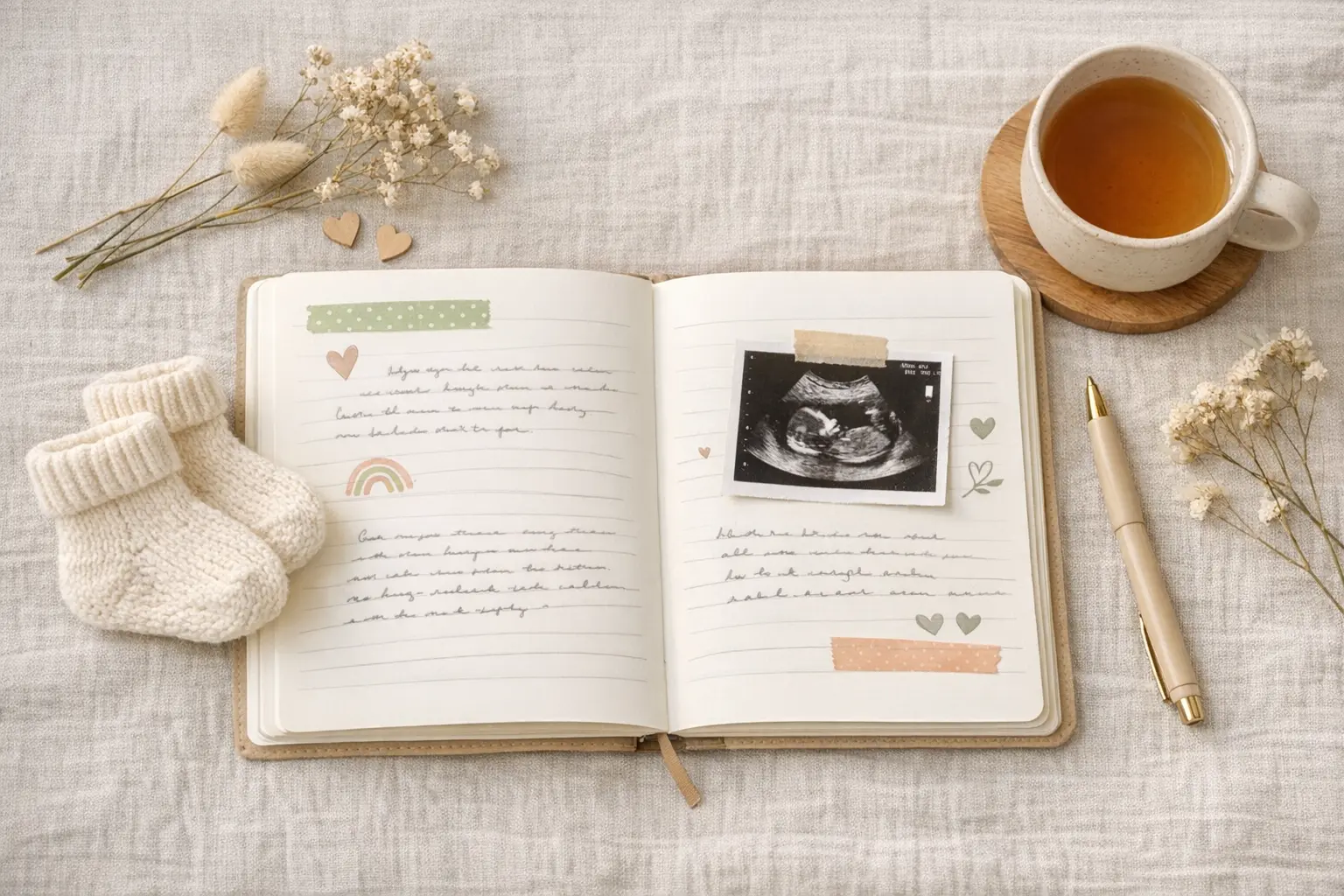 Creative pregnancy journal ideas including handwritten entries and ultrasound photos